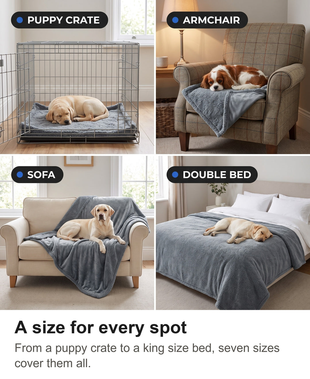 Grey dog blanket in a crate, on an armchair, on a sofa and on a double bed