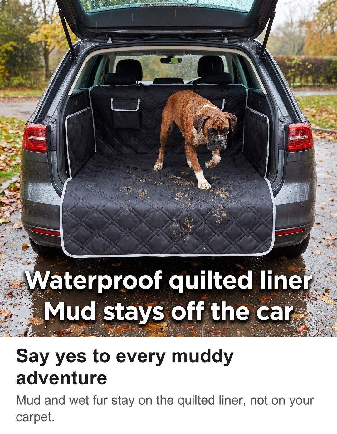 Muddy Boxer in a car boot fitted with the black waterproof dog boot liner