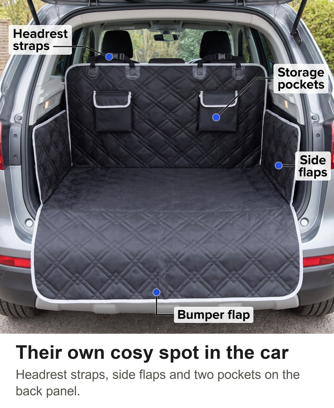 Black quilted boot liner fitted in an SUV with headrest straps, pockets, side flaps and bumper flap labelled