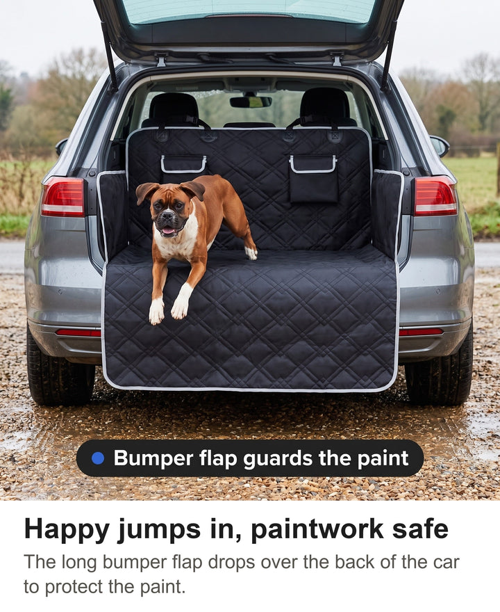 Boxer jumping into a car boot over the quilted bumper flap of the dog boot liner