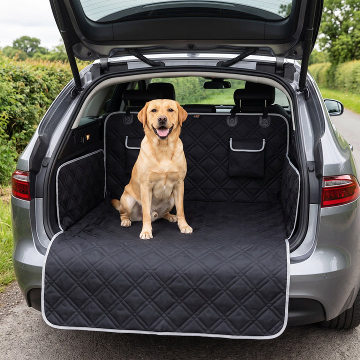 Labrador sitting on the black quilted dog boot liner fitted in the open boot of a grey estate car