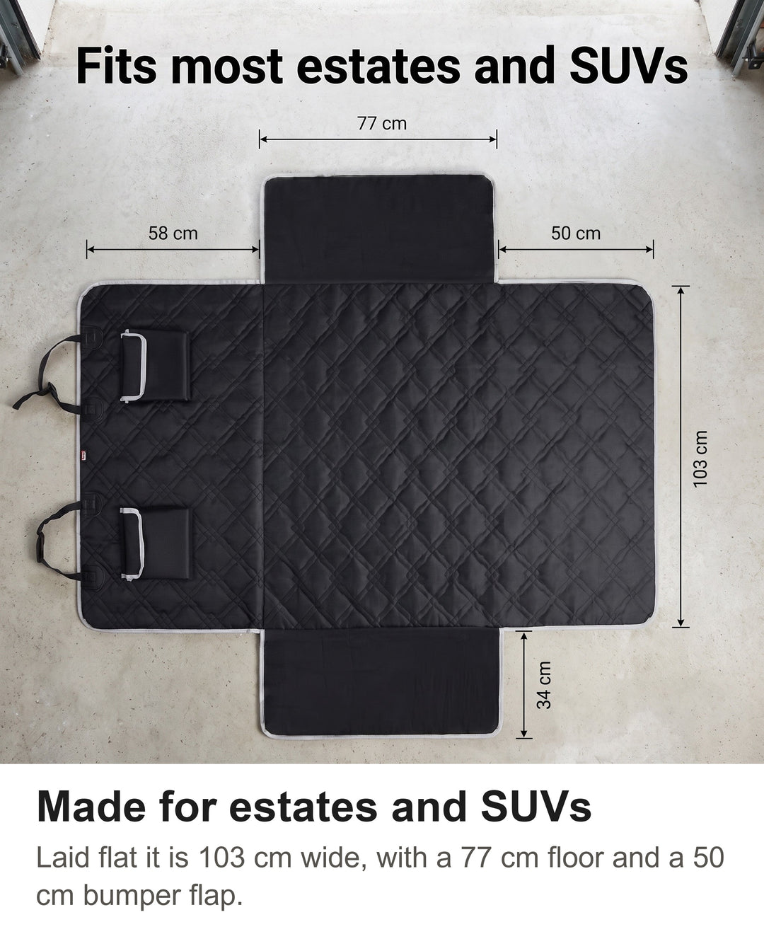 Dog boot liner laid flat with its dimensions of 103 cm wide, 58 cm back panel, 77 cm floor and 50 cm bumper flap