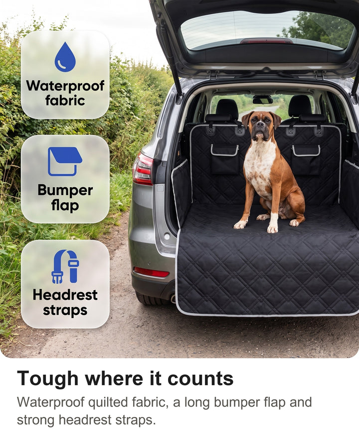 Dog boot liner with chips: waterproof fabric, bumper flap, headrest straps