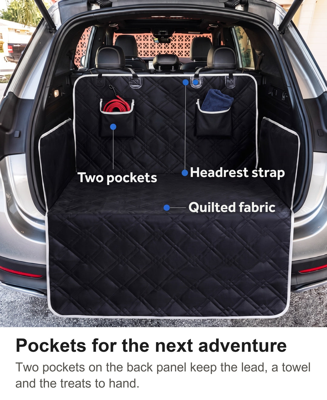 Close-up of the two pockets on the back panel of the dog boot liner holding a lead and a towel