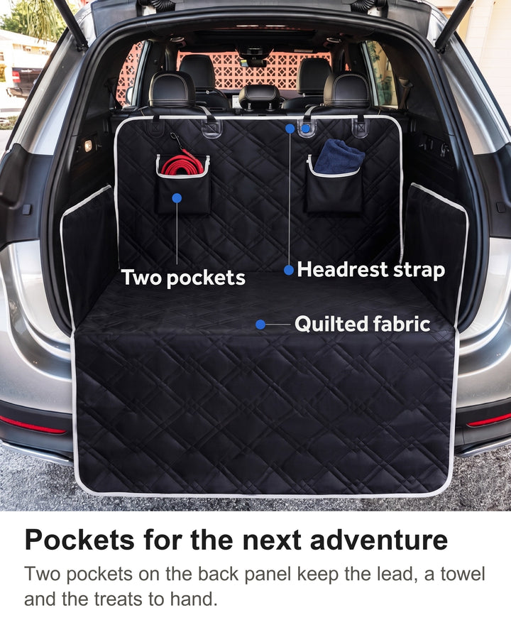 Close-up of the two pockets on the back panel of the dog boot liner holding a lead and a towel