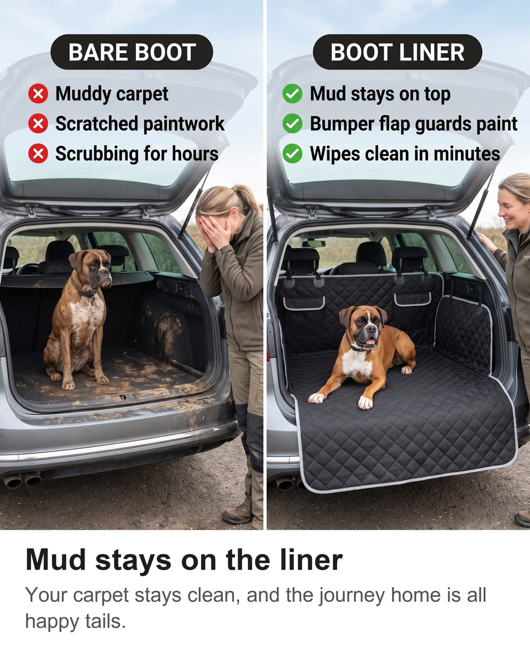 Comparison of a muddy dog in a bare car boot with the dog on the quilted boot liner