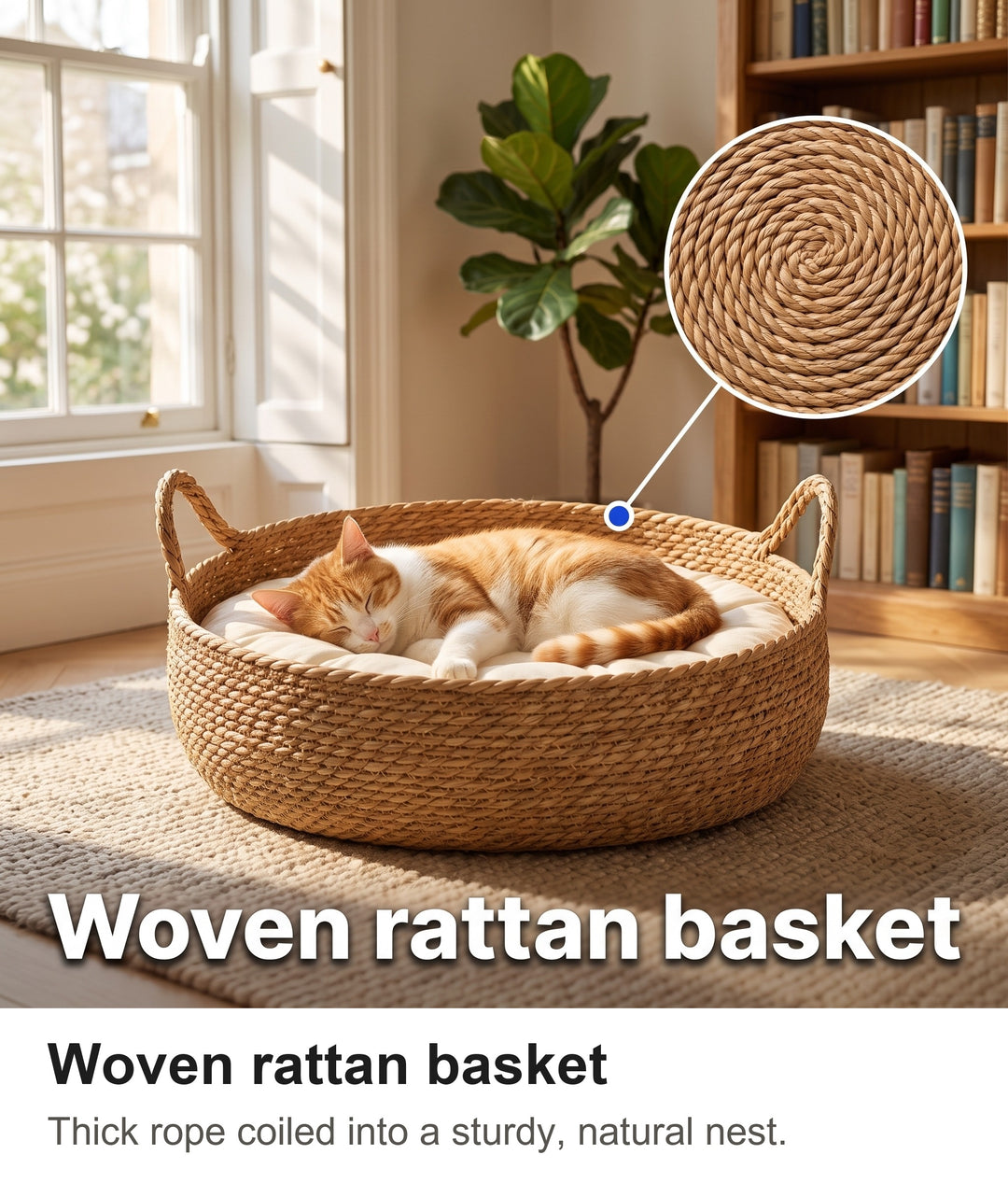 Ginger and white cat asleep in the rattan cat bed basket in a sunny living room