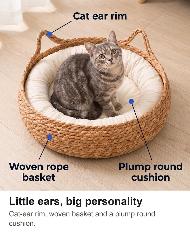 Rattan cat bed with cat ear rim, woven basket and round cushion labelled