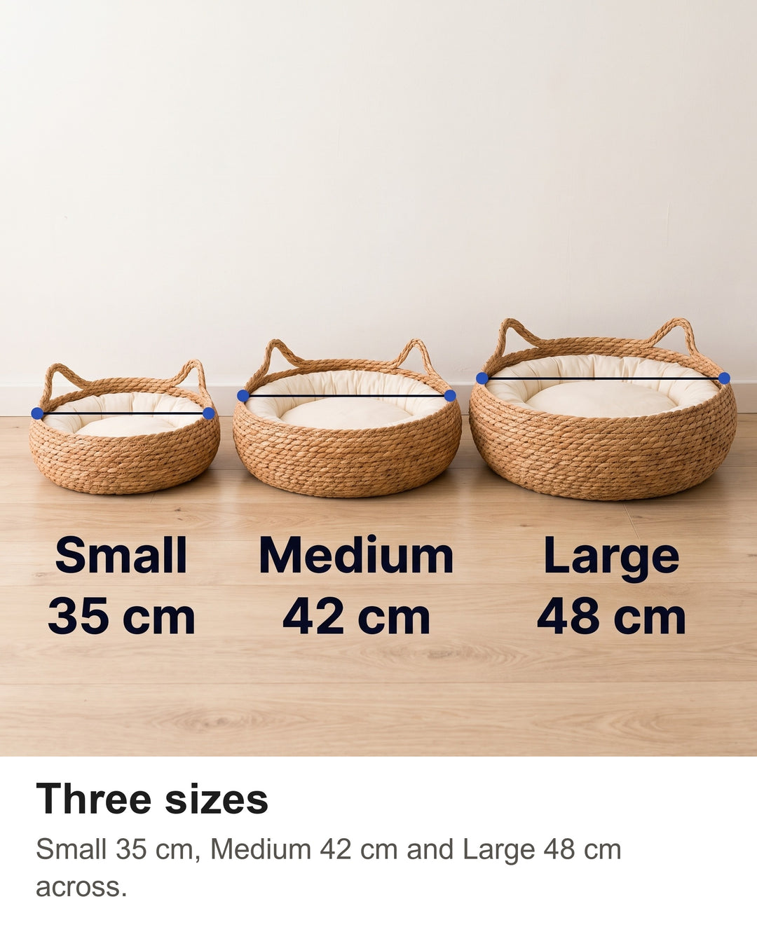 Small, medium and large rattan cat bed baskets side by side with sizes
