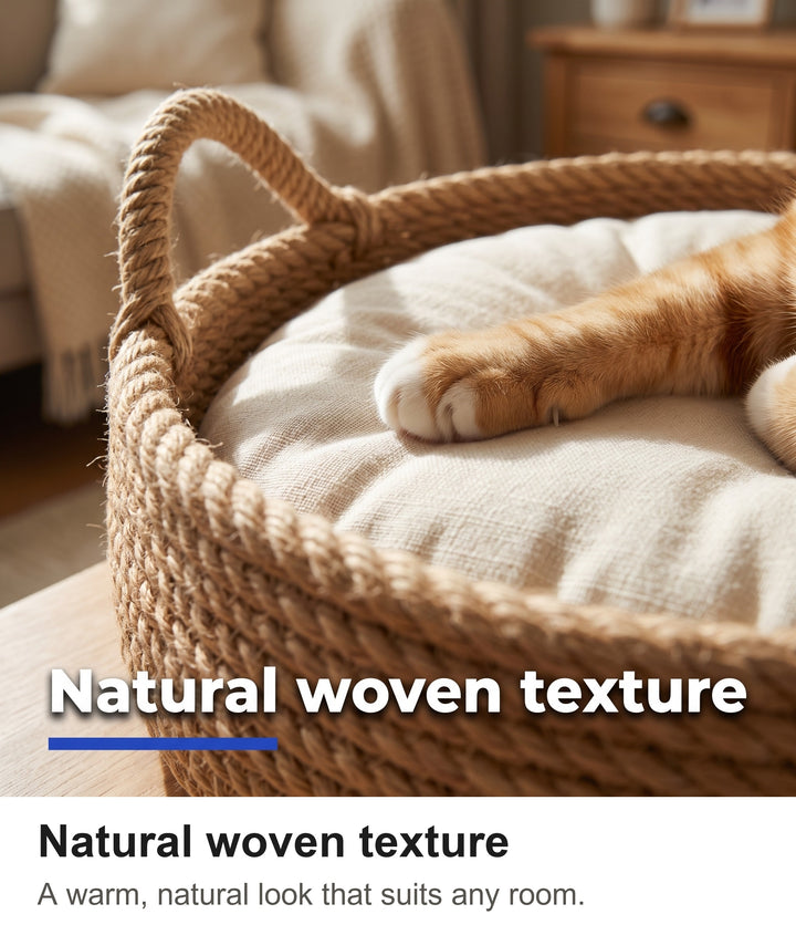 Close-up of the woven rope rim and cat ear of the rattan cat bed