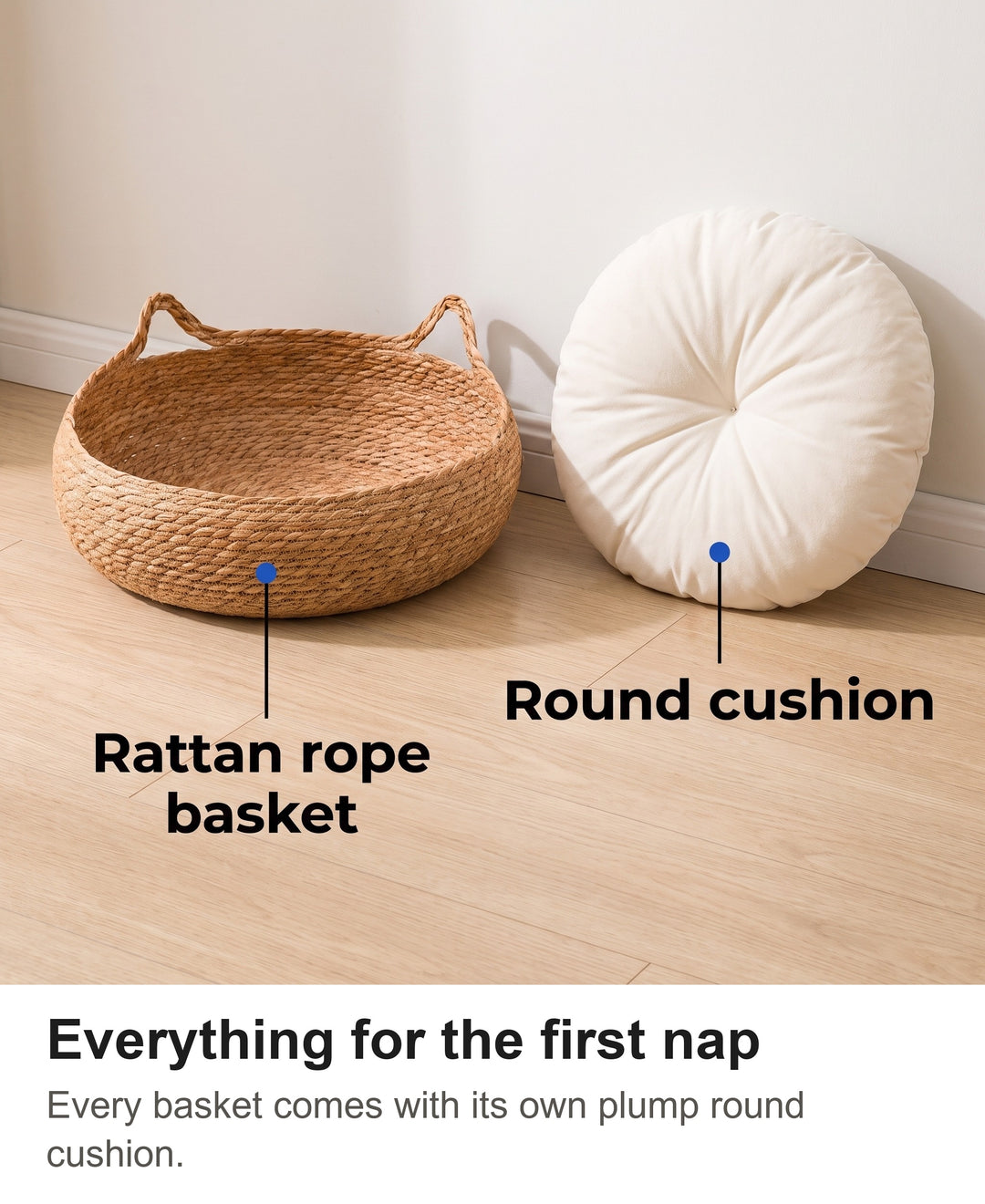 Rattan cat bed basket and its round cushion laid out