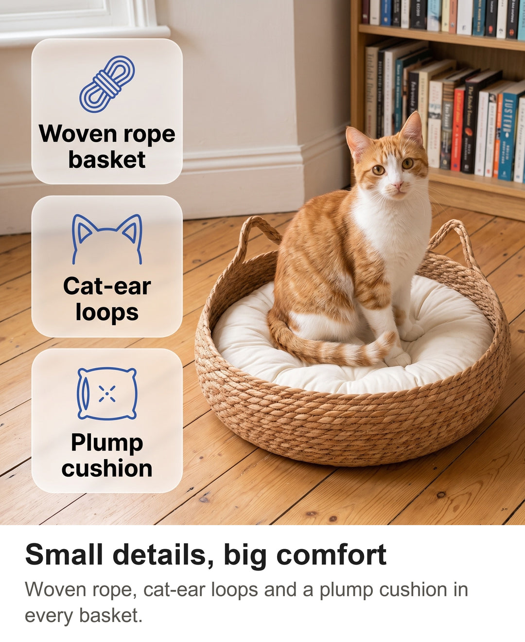 Rattan cat bed with chips: woven rope basket, cat ear loops, plump cushion