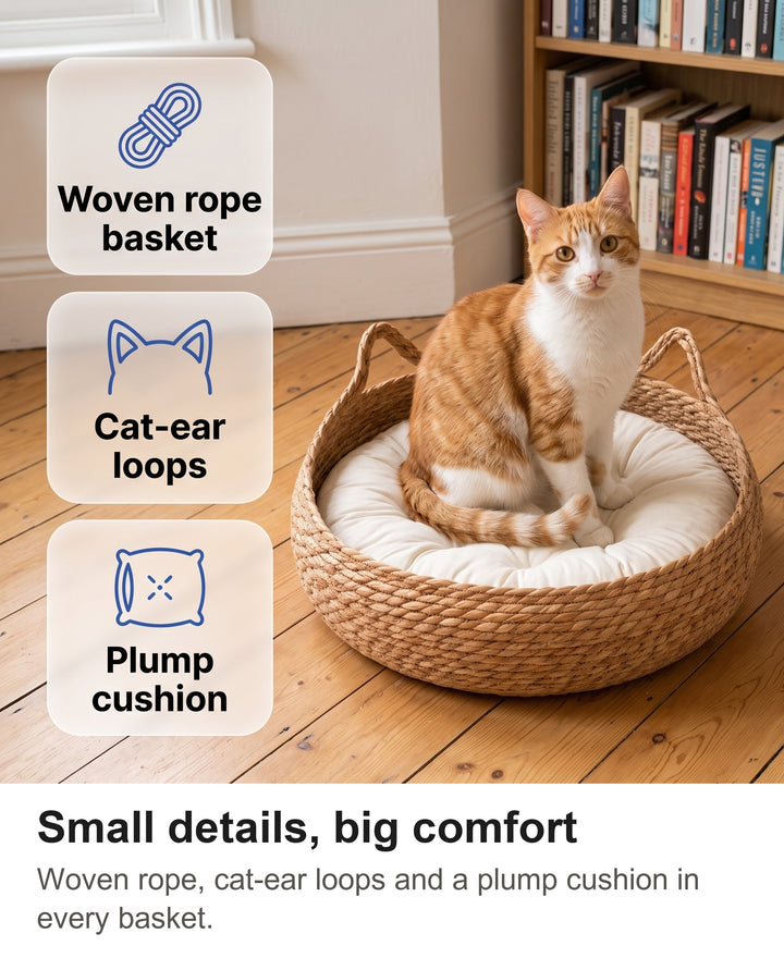 Rattan cat bed with chips: woven rope basket, cat ear loops, plump cushion