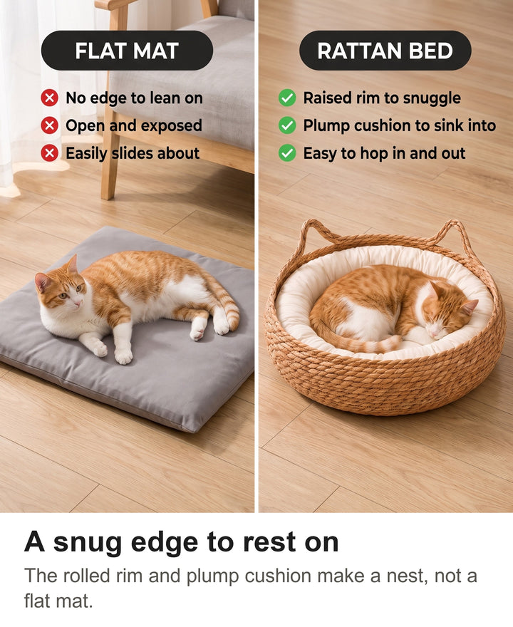 Comparison of a flat cat mat with the rattan cat bed basket