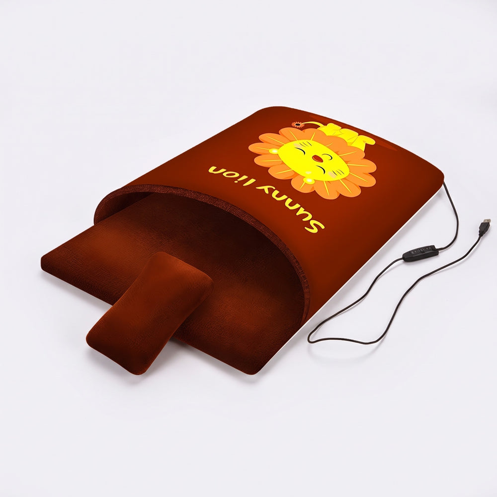 Brown lion pocket heated cat bed with pillow and USB cable
