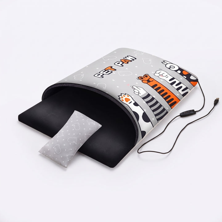 Grey paw print pocket heated cat bed with pillow and USB cable