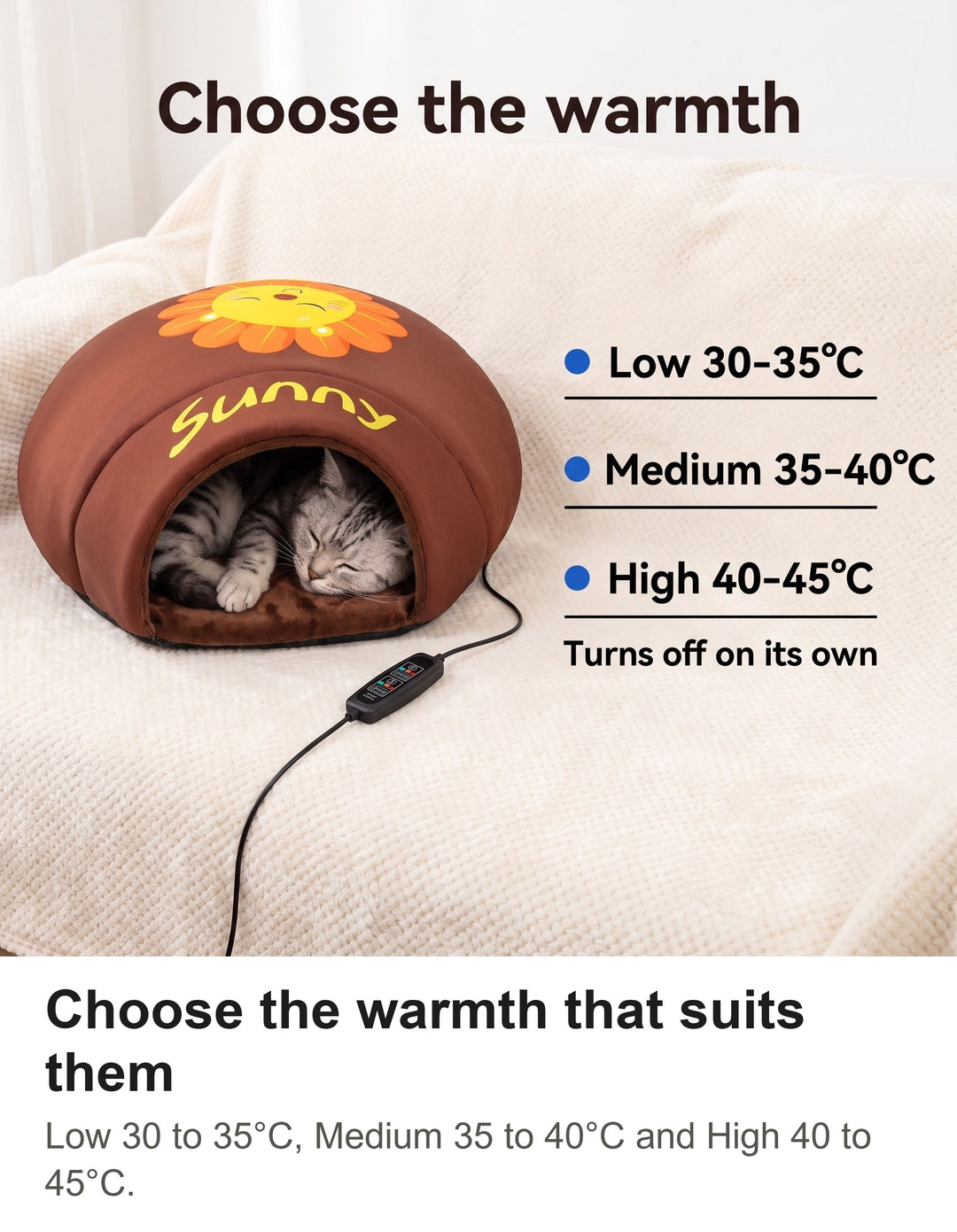 Heated cat cave bed with its three heat levels, Low, Medium and High, shown beside it