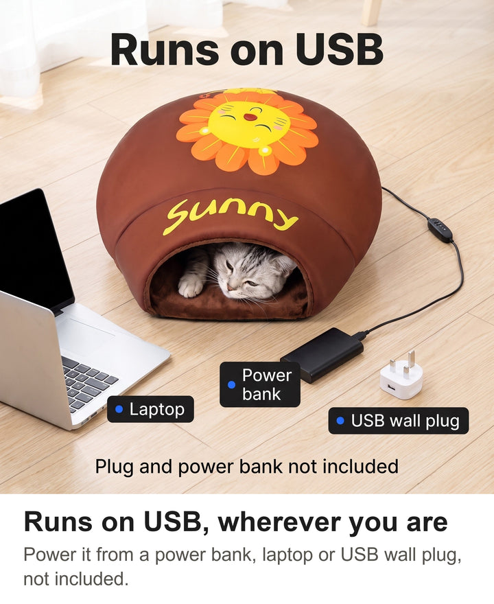 Heated cat bed runs on USB from a power bank, laptop or USB wall plug, plug and power bank not included