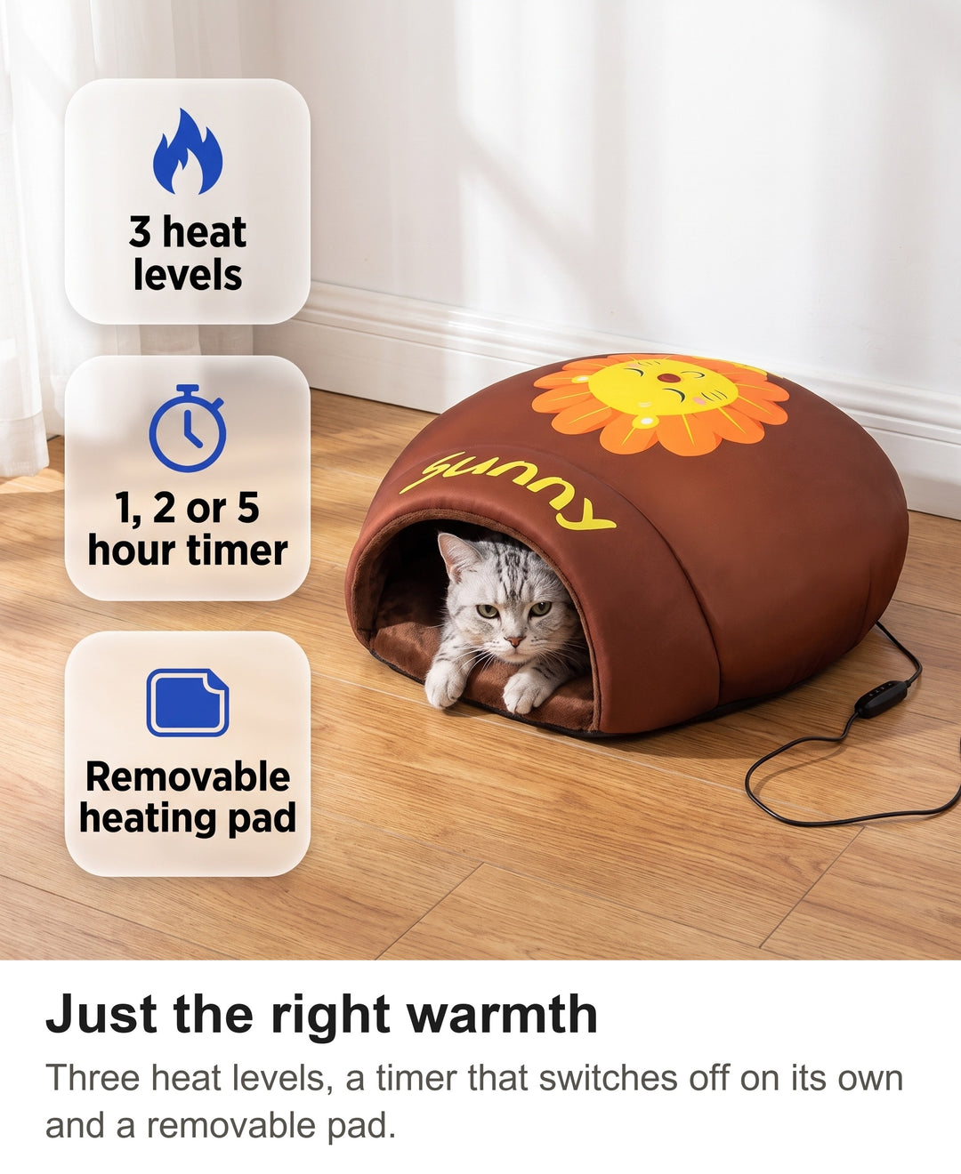 Heated cat cave with chips: 3 heat levels, 1 2 or 5 hour timer, removable heating pad