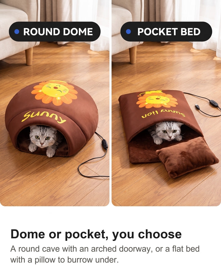 Brown lion dome heated cat bed and brown lion pocket heated cat bed side by side