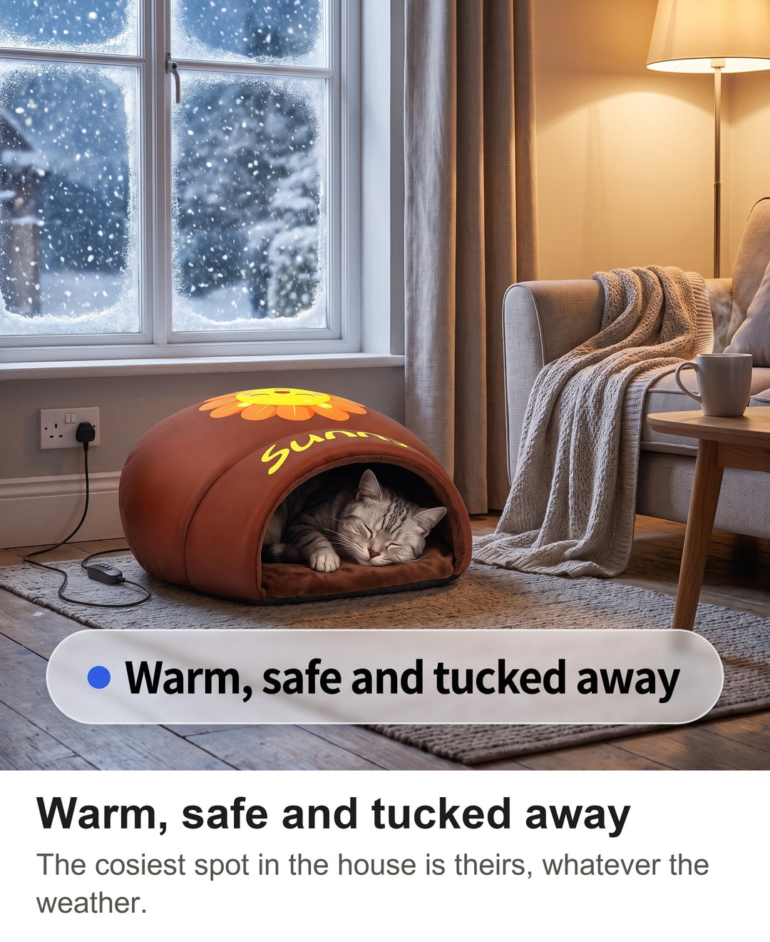 Grey-muzzled elderly cat asleep inside the brown heated cat cave on a winter evening