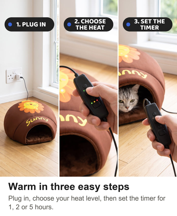 Three steps with the heated cat bed: plug in the USB cable, choose the heat, set the timer