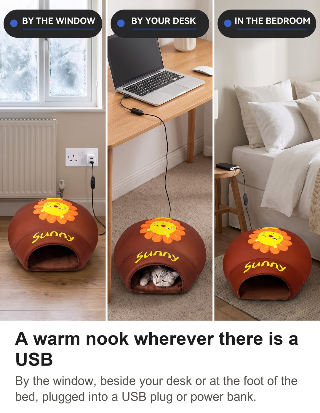 Heated cat cave by a window, beside a laptop desk and in a bedroom