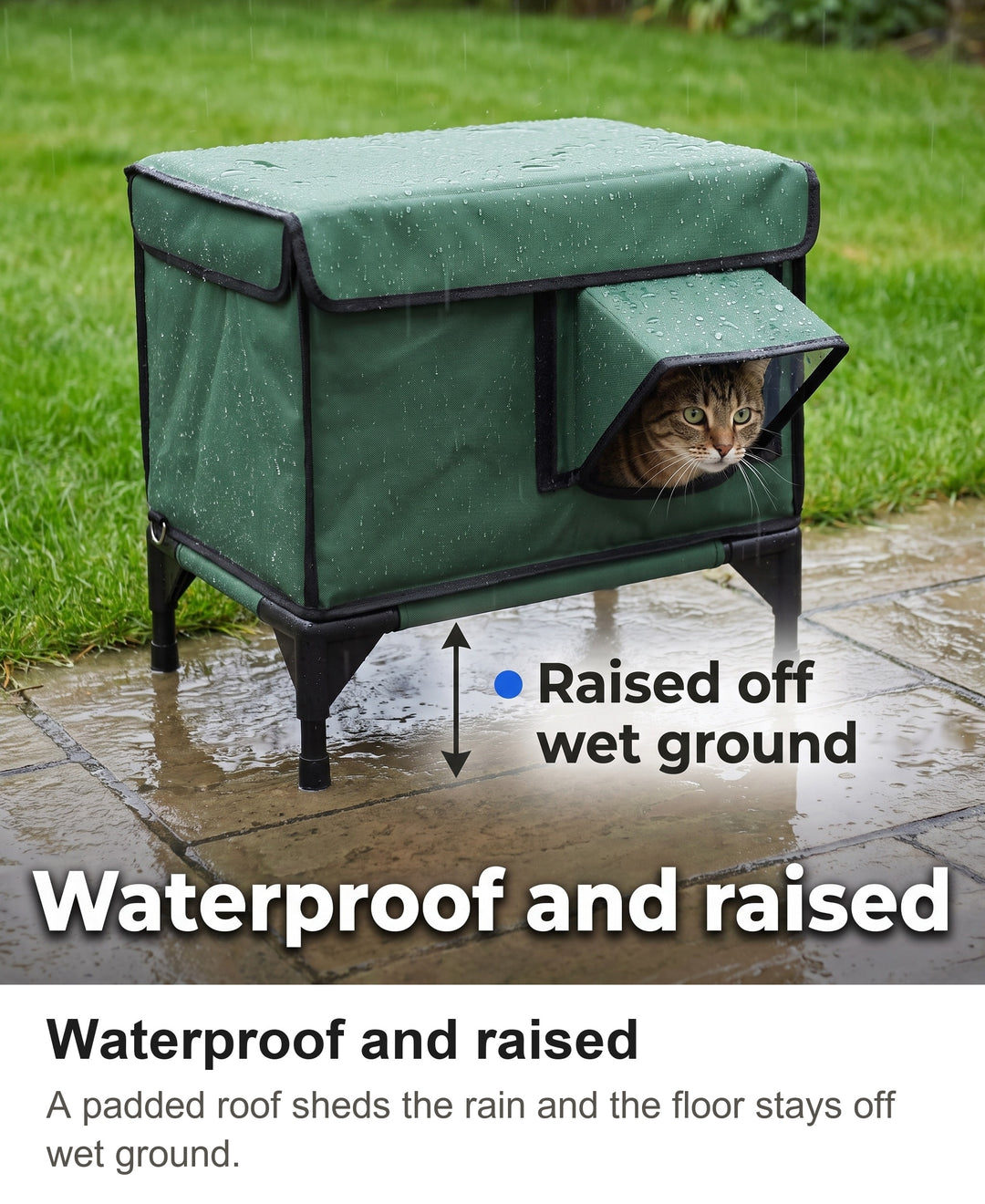 Green insulated outdoor cat house on a wet patio in the rain with a cat inside