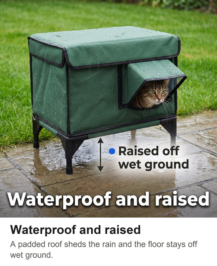Green insulated outdoor cat house on a wet patio in the rain with a cat inside