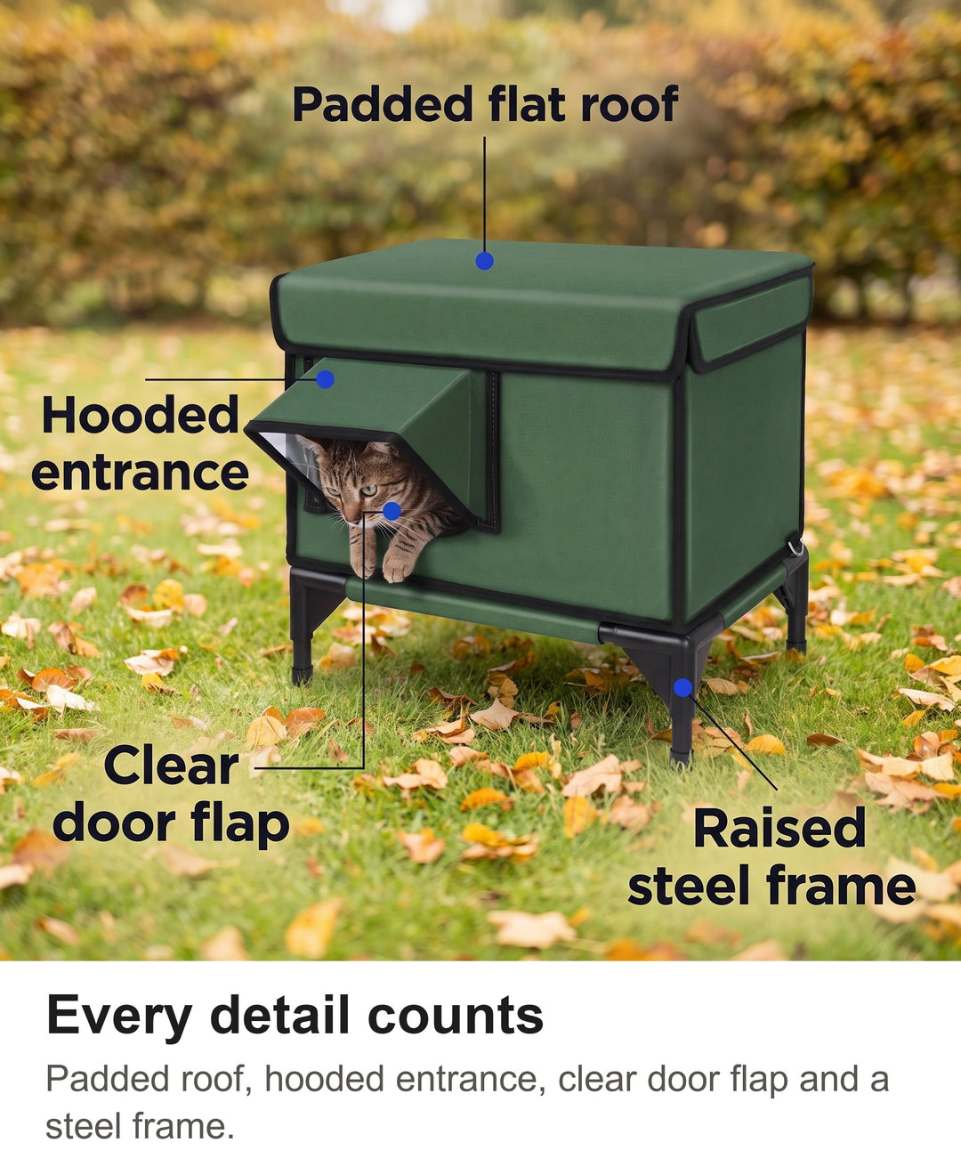 Outdoor cat house with padded roof, hooded entrance, clear door flap and raised steel frame labelled