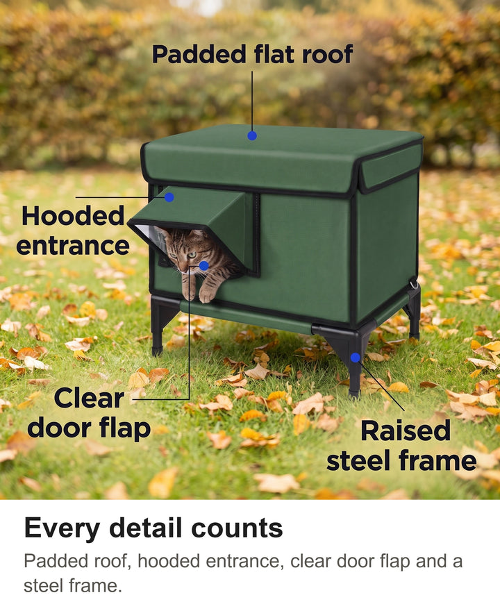 Outdoor cat house with padded roof, hooded entrance, clear door flap and raised steel frame labelled