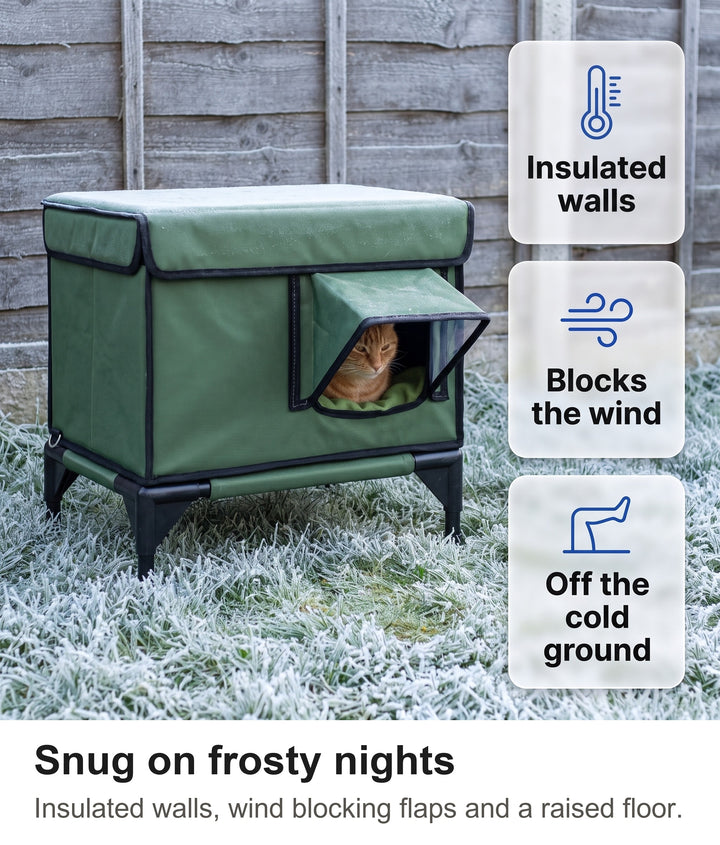 Ginger cat curled up inside the insulated outdoor cat shelter on a frosty lawn