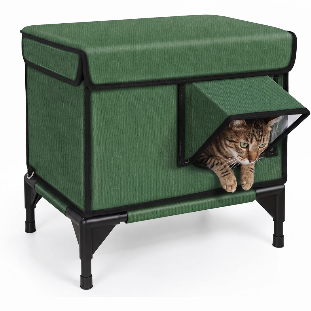 Tabby cat peeking out of the green insulated outdoor cat house on a raised steel frame