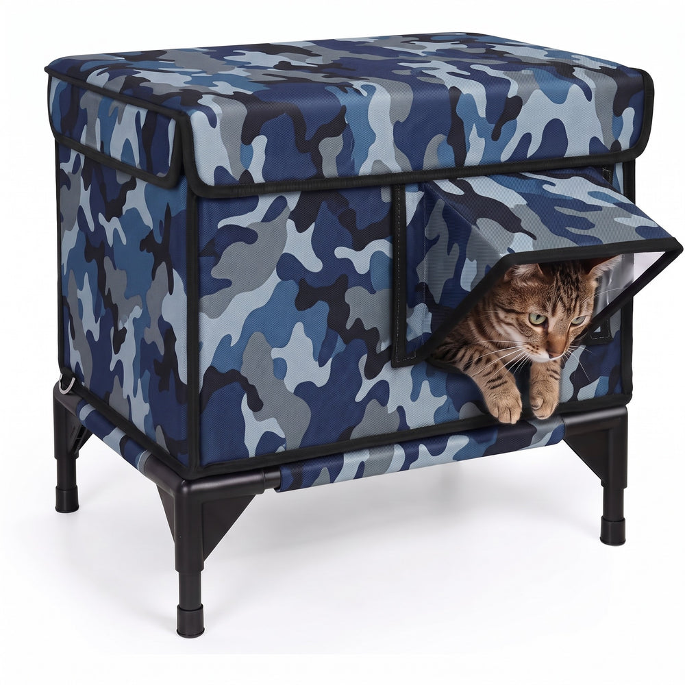Marine camouflage insulated outdoor cat house with a cat in the doorway