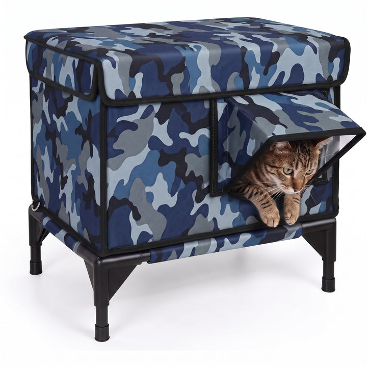 Marine camouflage insulated outdoor cat house with a cat in the doorway