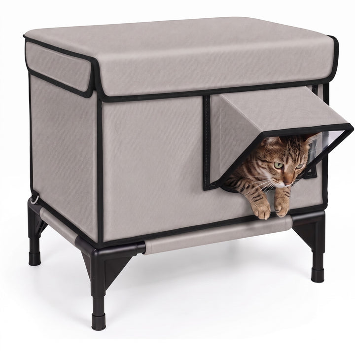 Light grey insulated outdoor cat house with a cat in the doorway