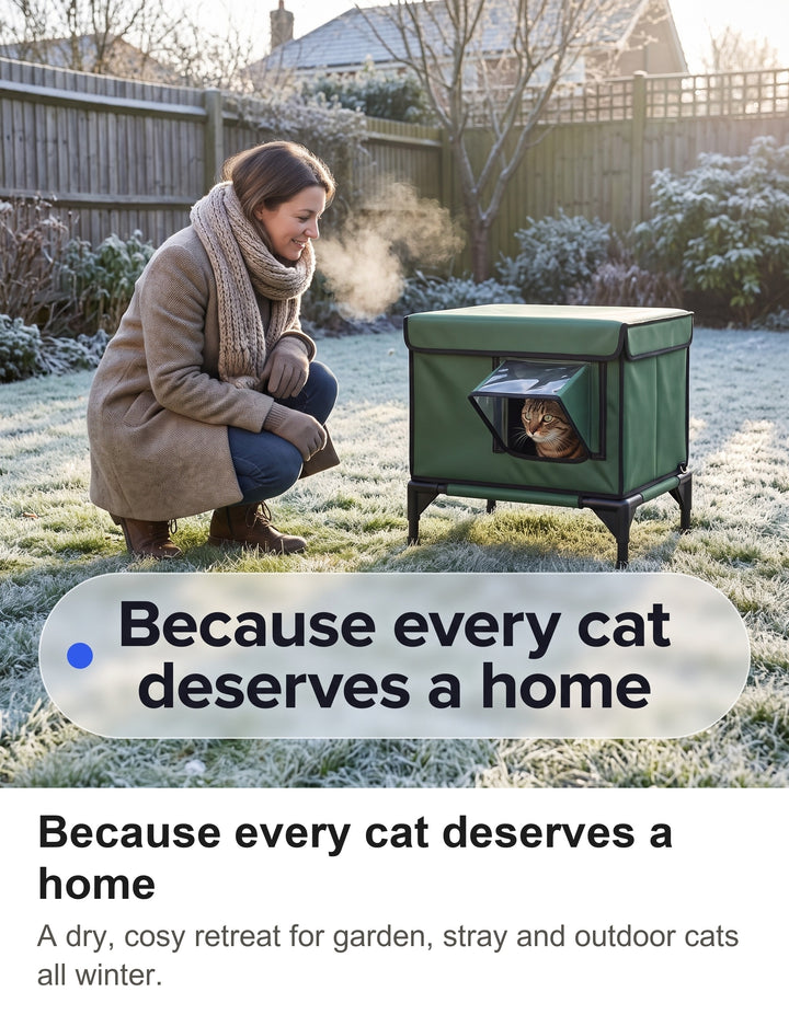 Woman smiling at a tabby cat looking out of the green outdoor cat house