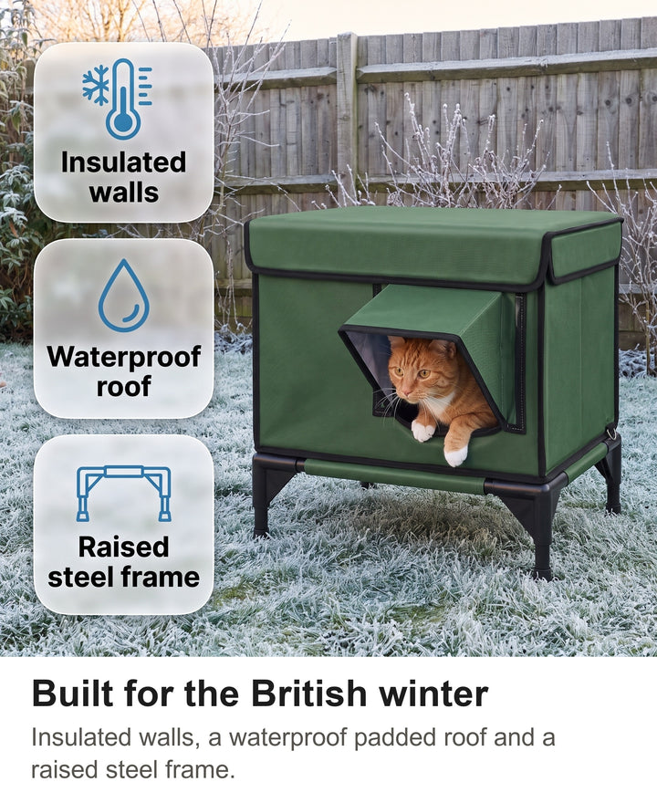 Outdoor cat house with chips: insulated walls, waterproof roof, raised steel frame