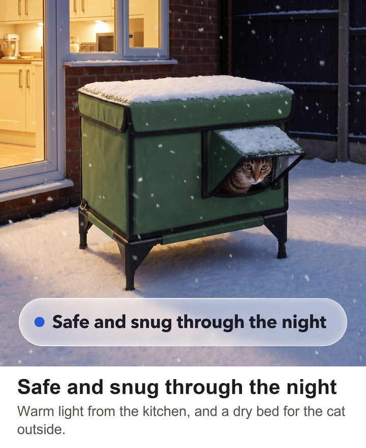 Green outdoor cat house in a snowy garden at night with a cat inside