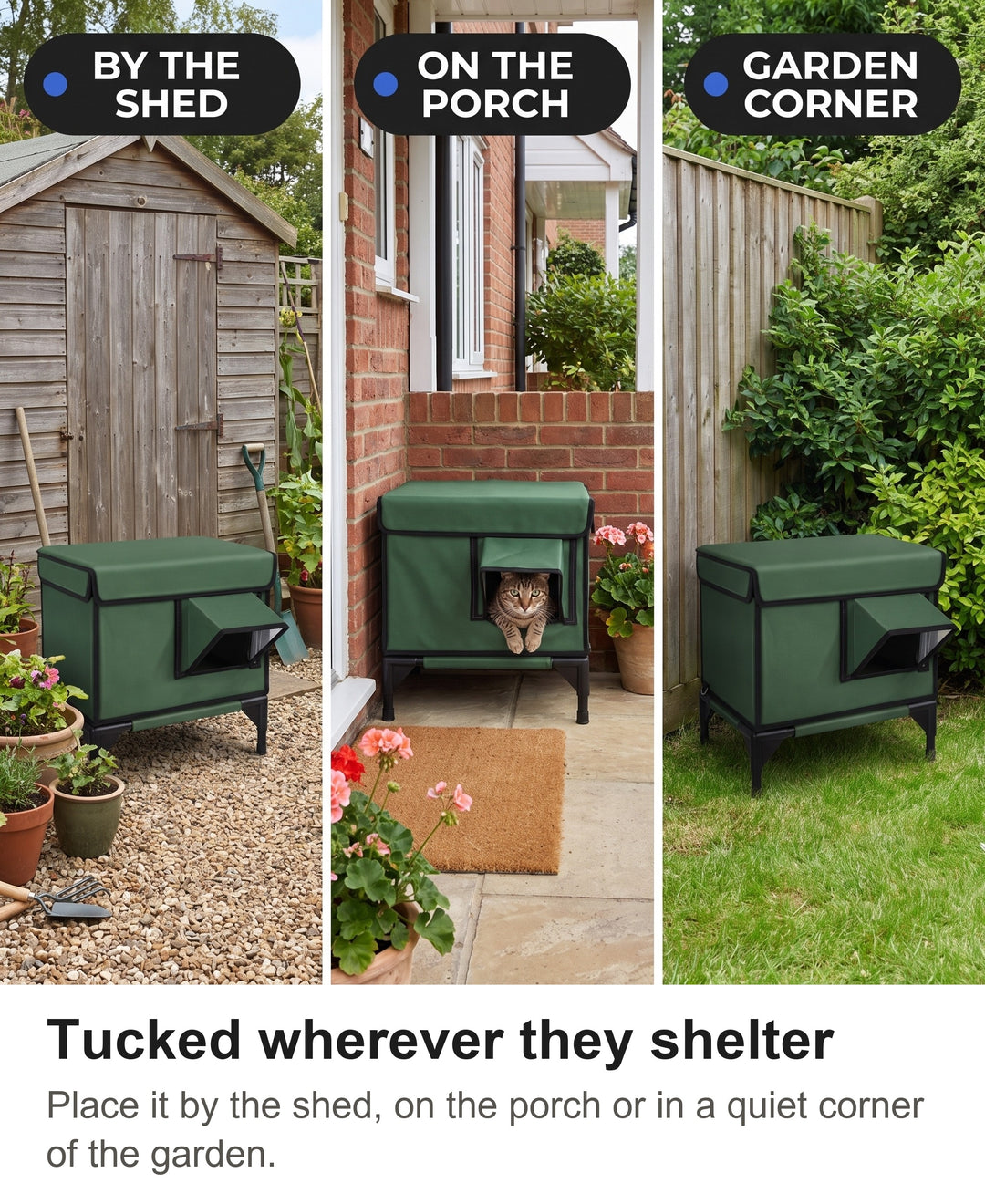 Outdoor cat house by a garden shed, on a porch and in a garden corner