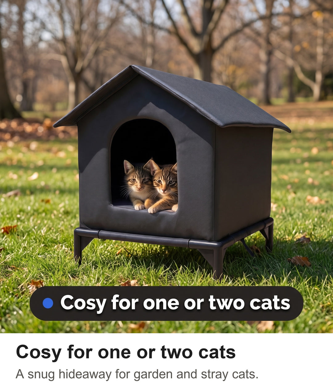Two kittens snuggled inside the outdoor cat shelter on a lawn