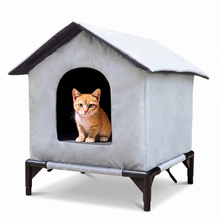 Grey waterproof raised outdoor cat shelter with a ginger cat in the doorway