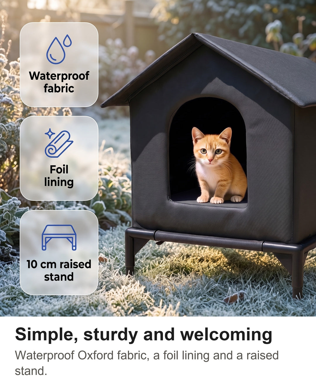 Raised outdoor cat shelter with chips: waterproof fabric, foil lining, raised stand