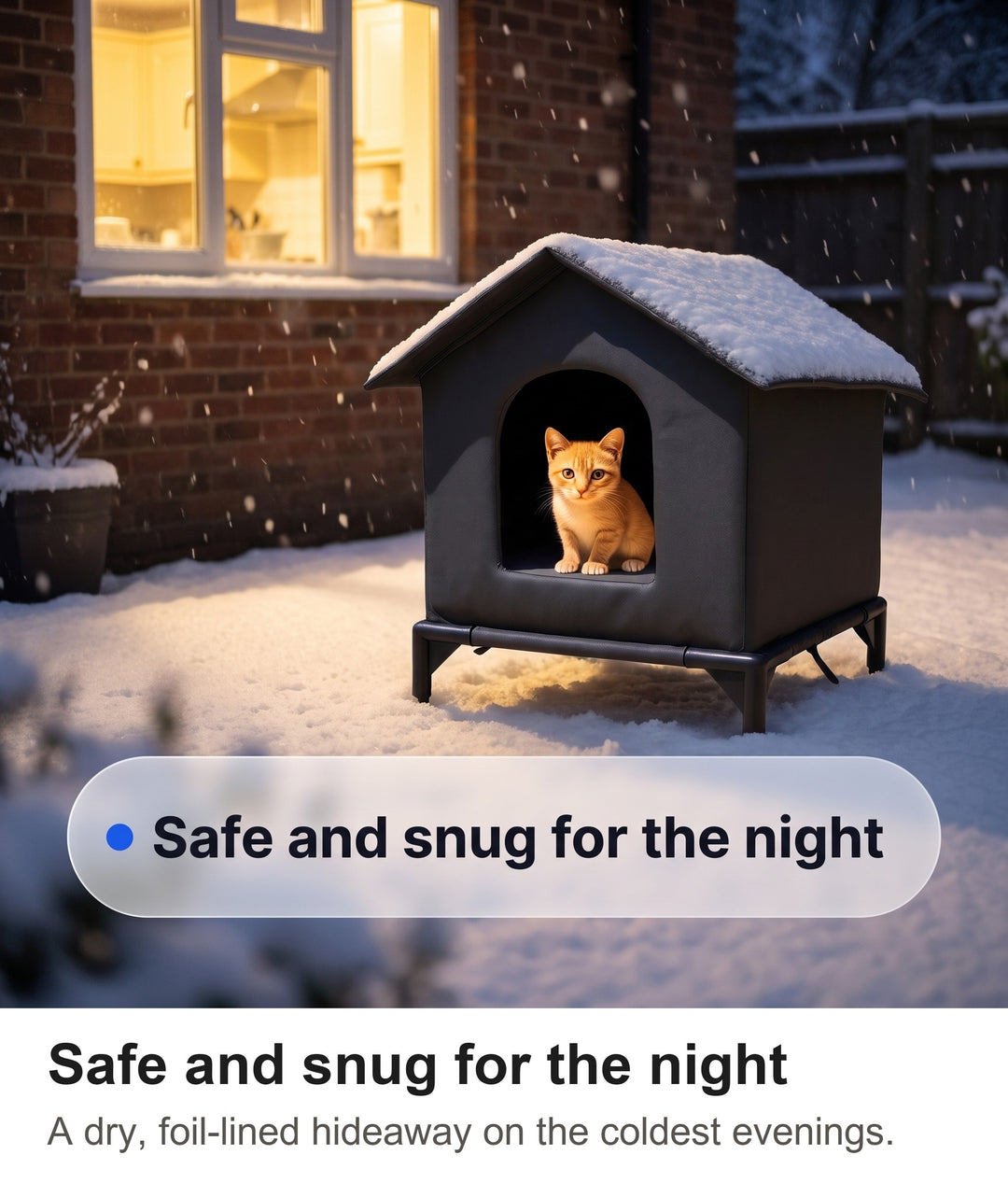Black raised cat shelter in a snowy garden at night with a cat inside