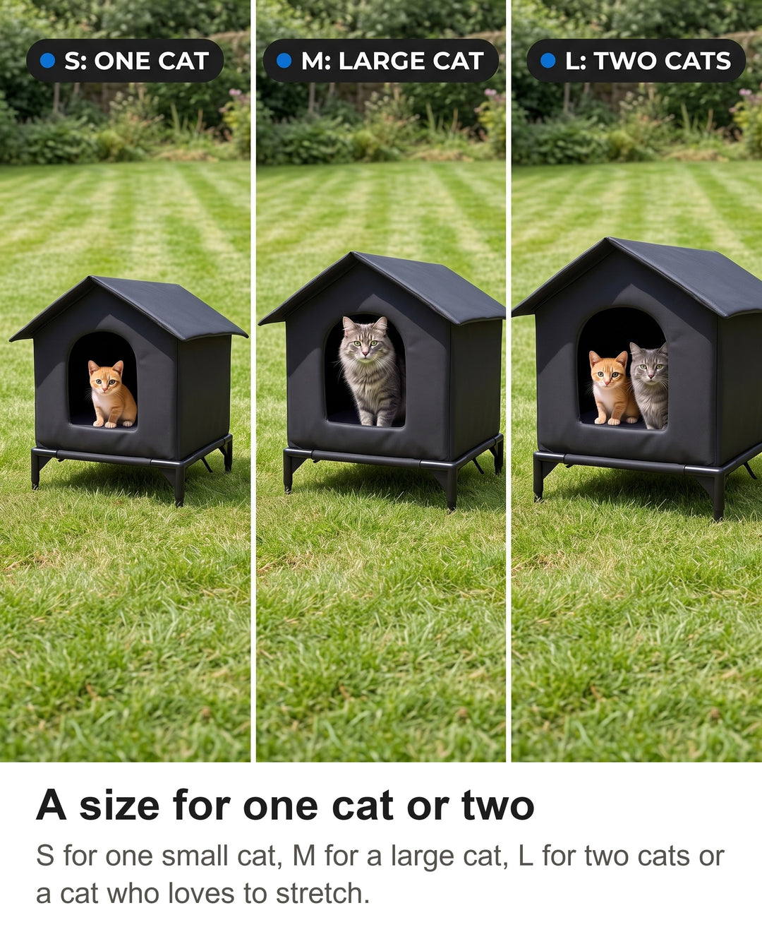 Small, medium and large raised cat shelters with one cat, one large cat and two cats