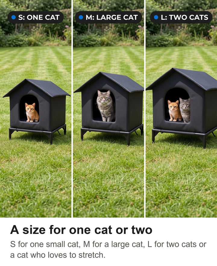 Small, medium and large raised cat shelters with one cat, one large cat and two cats