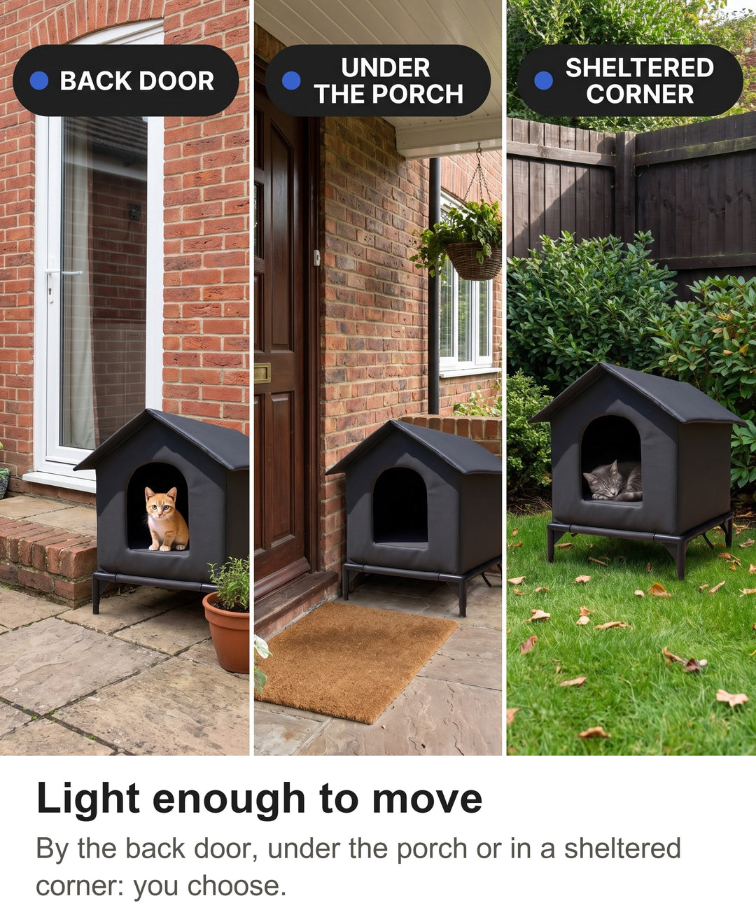 Raised cat shelter by a back door, under a porch and in a sheltered garden corner