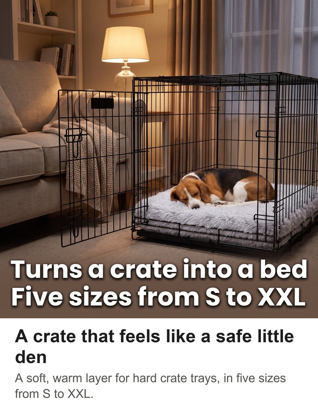 Beagle asleep on a fluffy grey dog crate mat inside an open wire dog crate