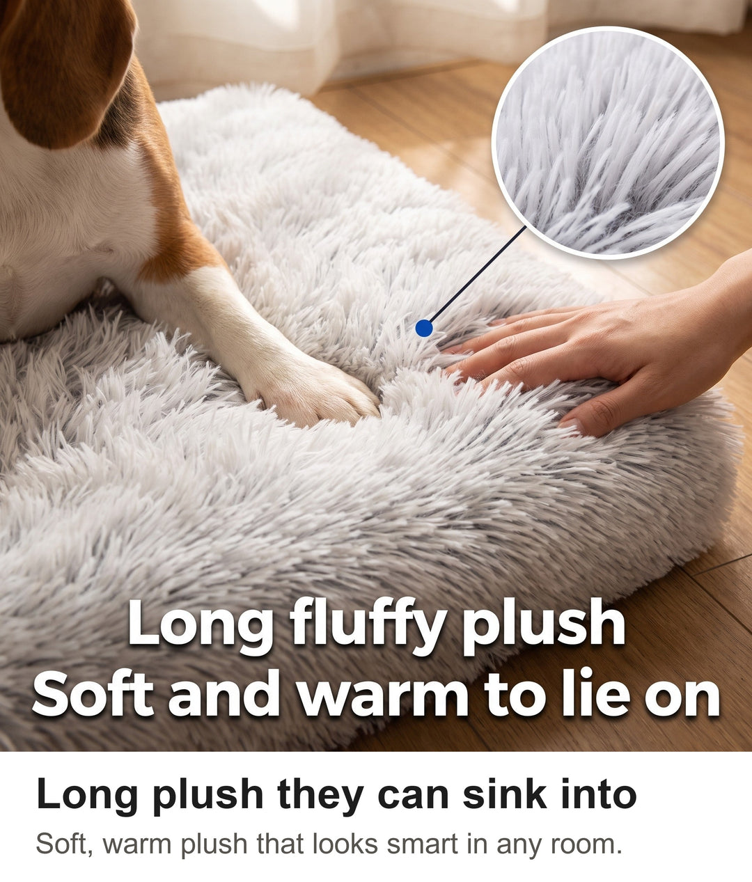 Paw sinking into the long fluffy plush of the dog crate mat