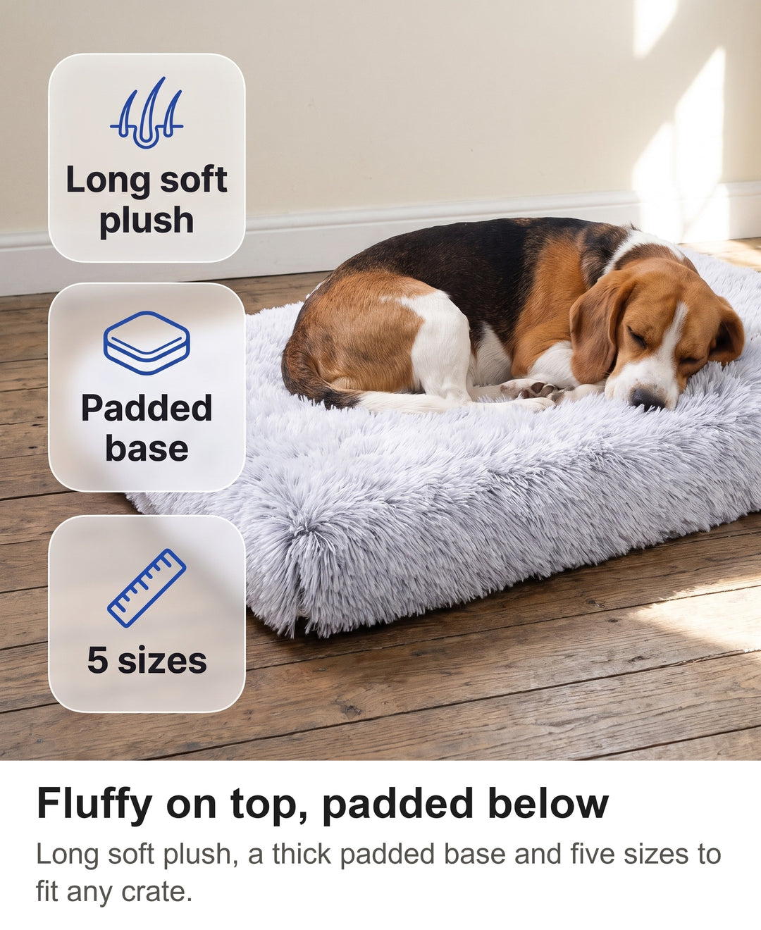 Fluffy dog crate mat with chips: long plush, padded base, 5 sizes